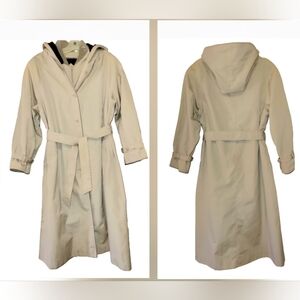 VTG Mervyn's Partners Petites Hooded Trench Coat Tan Plaid Lining 16 Petite
